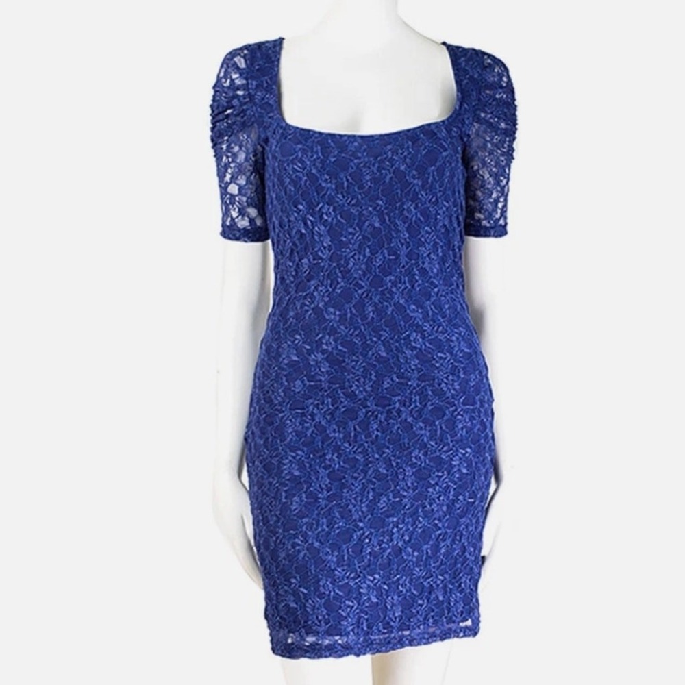 Free People Lace Mini Dress Womens S Blue Good Puff Sleeve Scoop Neck OB411228